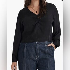 NWT Madewell Brushed Ruched Long Sleeve Blouse, Black, Size 10